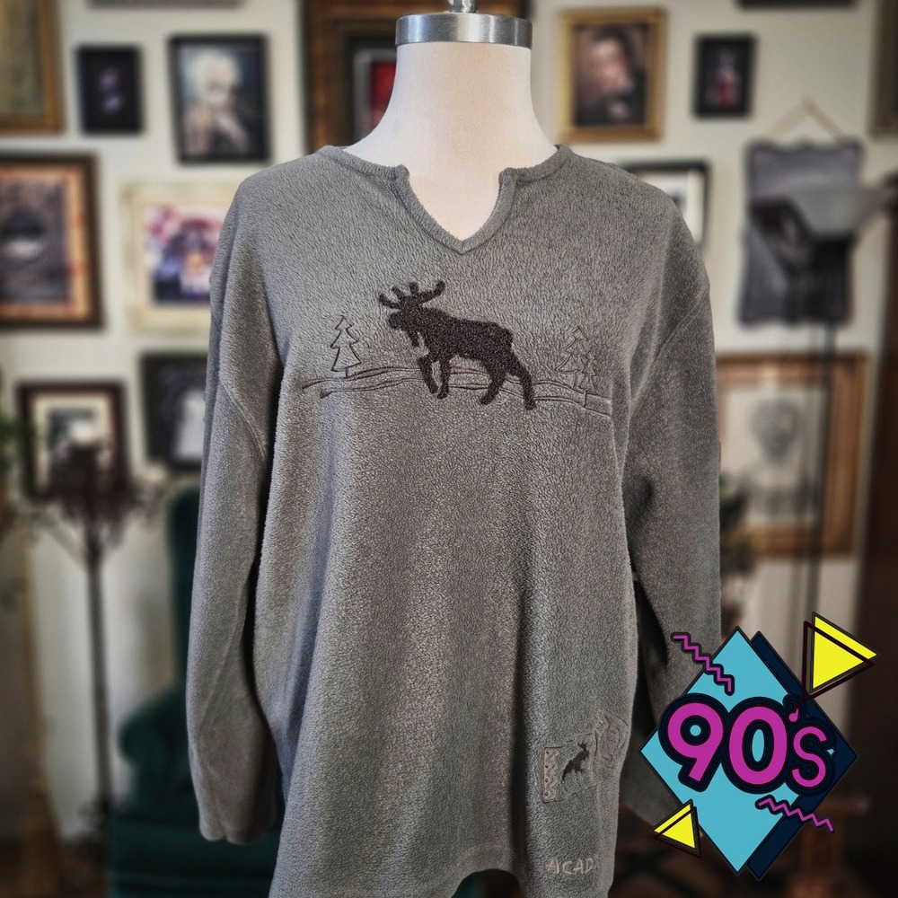 Arctic Image Fleece Pullover Vintage 90s Moose Acadia Sage Grey Embroidered L